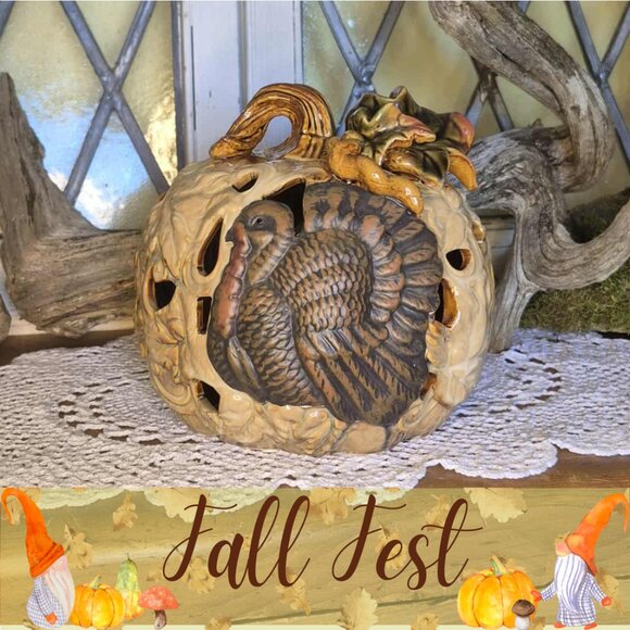 🍂 20% OFF - Pumpkin & Turkey Glazed Ceramic Lantern for Thanksgiving & Fall - Picture 1 of 11